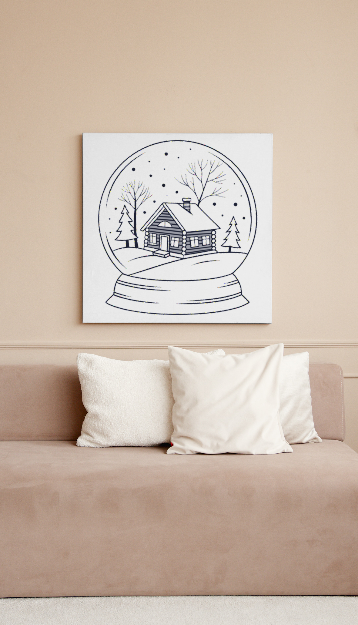 Cadre avec art numérique minimaliste représentant un chalet sous la neige