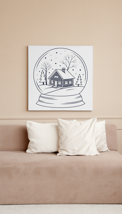 Cadre avec art numérique minimaliste représentant un chalet sous la neige