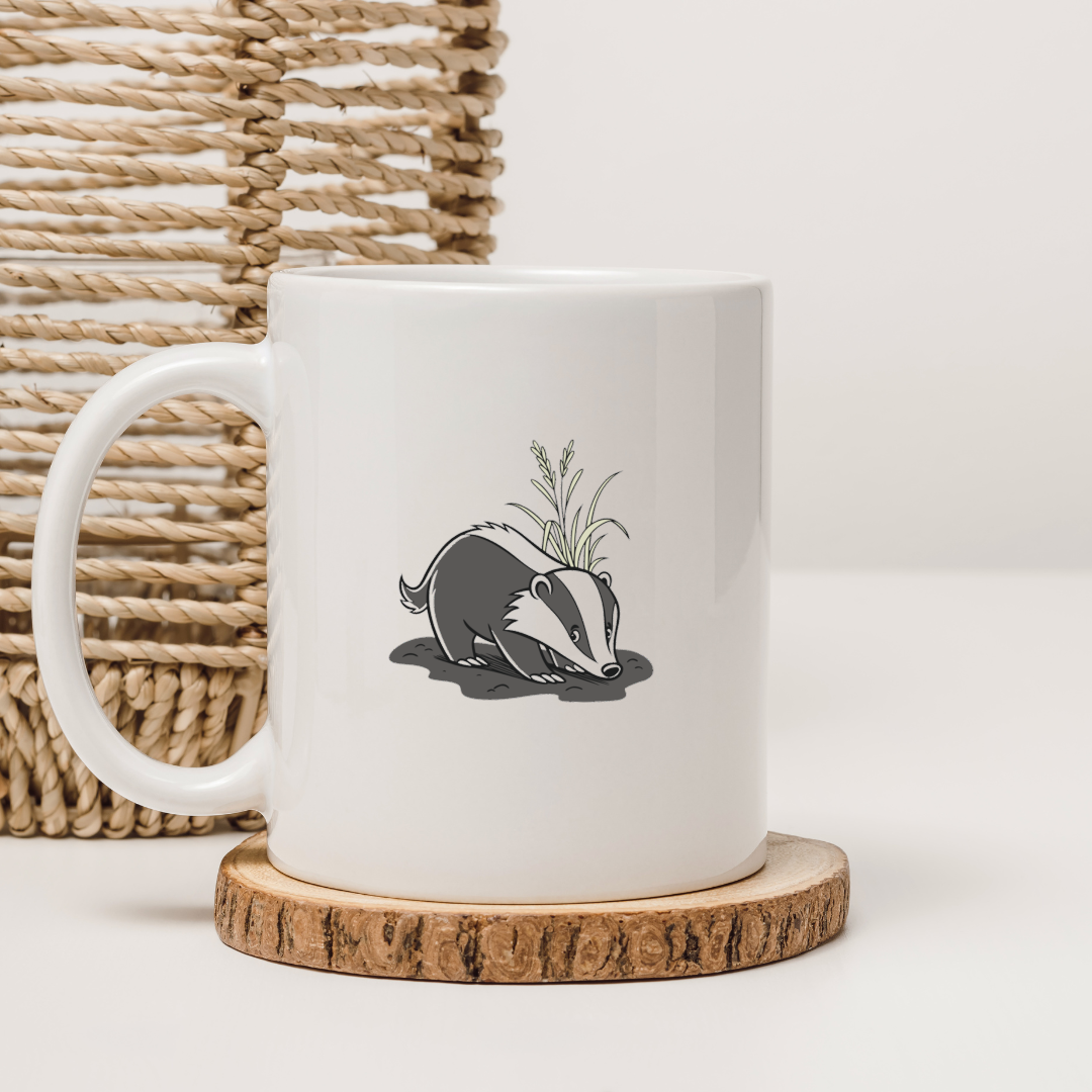 Mug en style cartoon avec un blaireau curieux dans un décor forestier