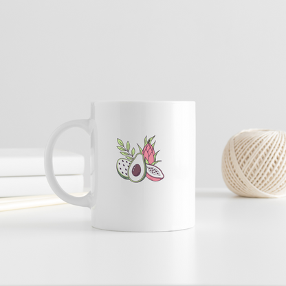 Mug coloré avec motif avocat et pitaya, style fruit exotique vibrant
