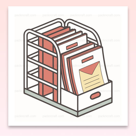 Illustration de rangement de dossiers organisée en style pastel, idéale pour papeterie.
