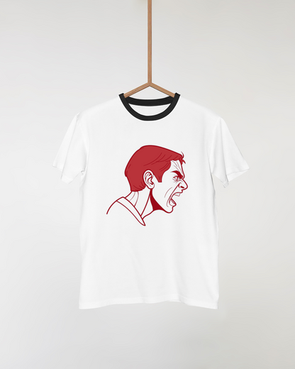 T-shirt avec icône numérique monochrome exprimant une émotion intense, style moderne