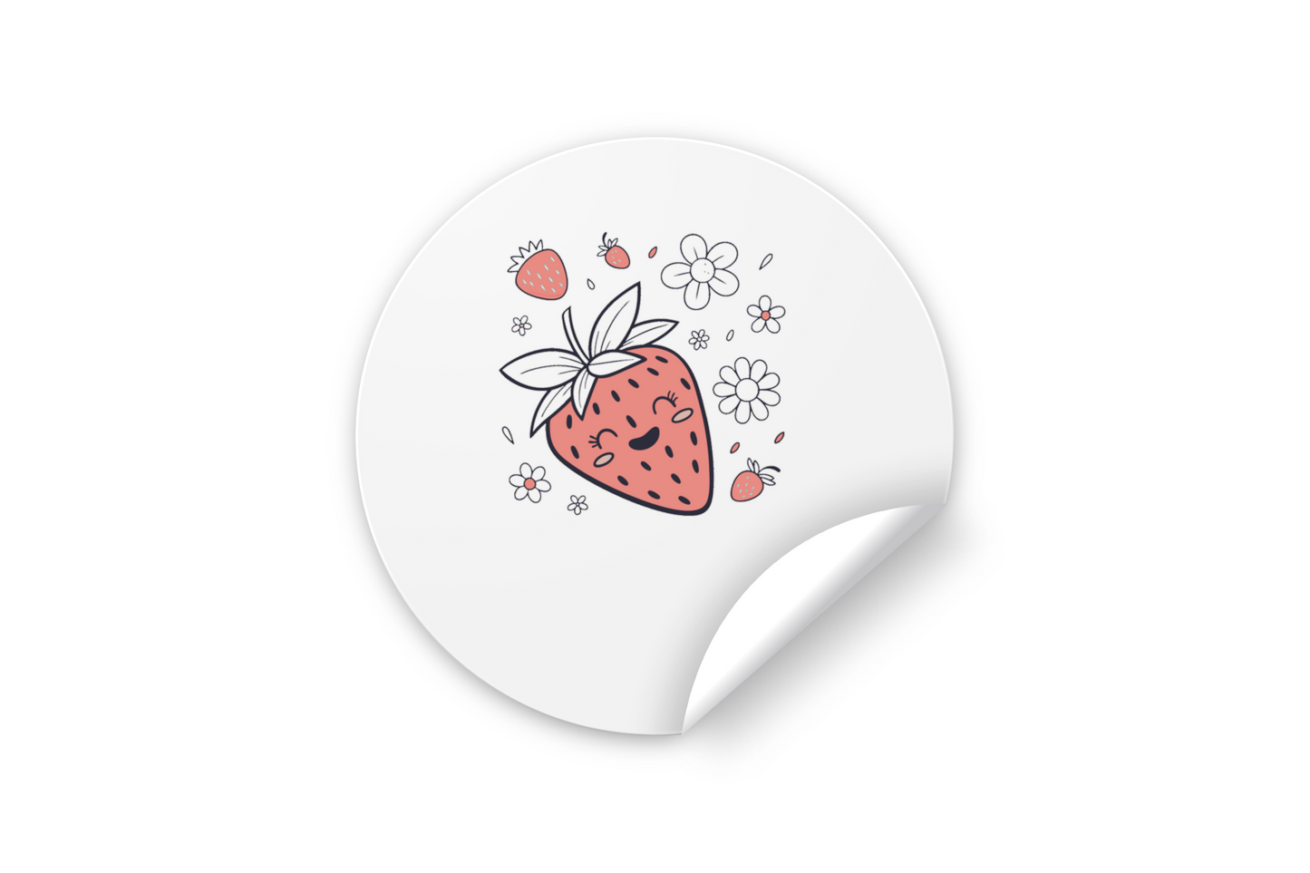 Sticker décoratif avec fraise joyeuse et fleurs pastel, nature douce et apaisante