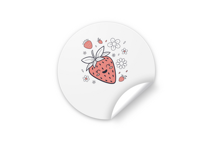Sticker décoratif avec fraise joyeuse et fleurs pastel, nature douce et apaisante
