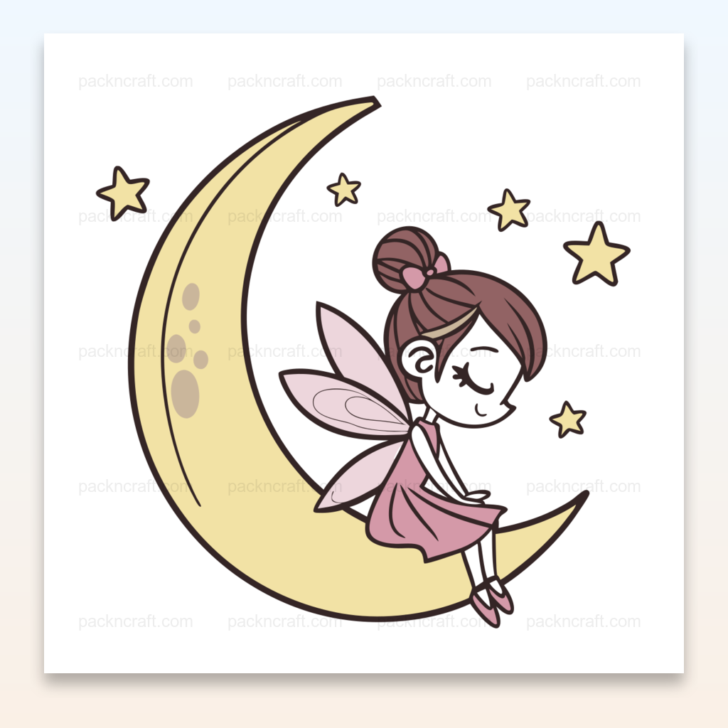 Illustration d'une fée rêveuse sur une lune, idéale pour projets créatifs.