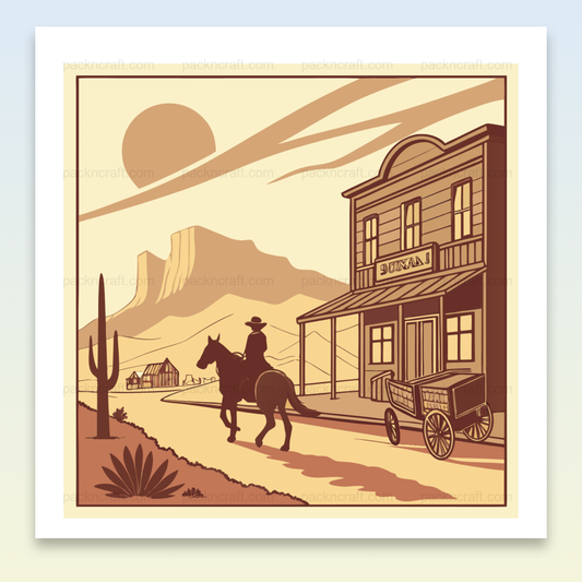 Affiche rétro d'un cowboy au Far West avec cactus et saloon.