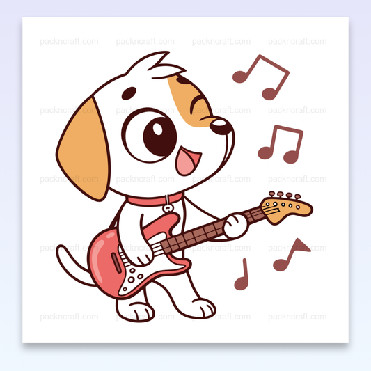Chien mignon jouant de la guitare avec des notes de musique volantes, idéal pour décoration et papeterie.
