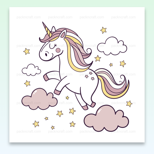 Illustration d'une licorne sautant dans les nuages avec un style pastel
