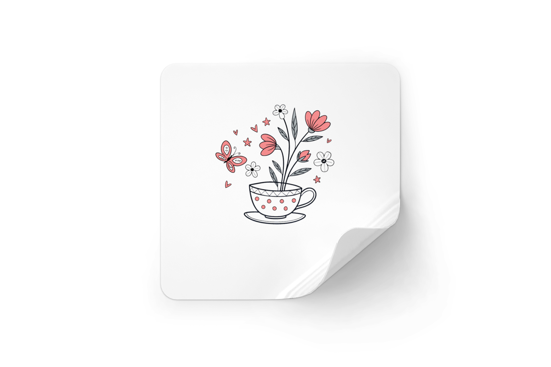Sticker avec design doodle de papillon et fleurs sur une tasse en style printanier