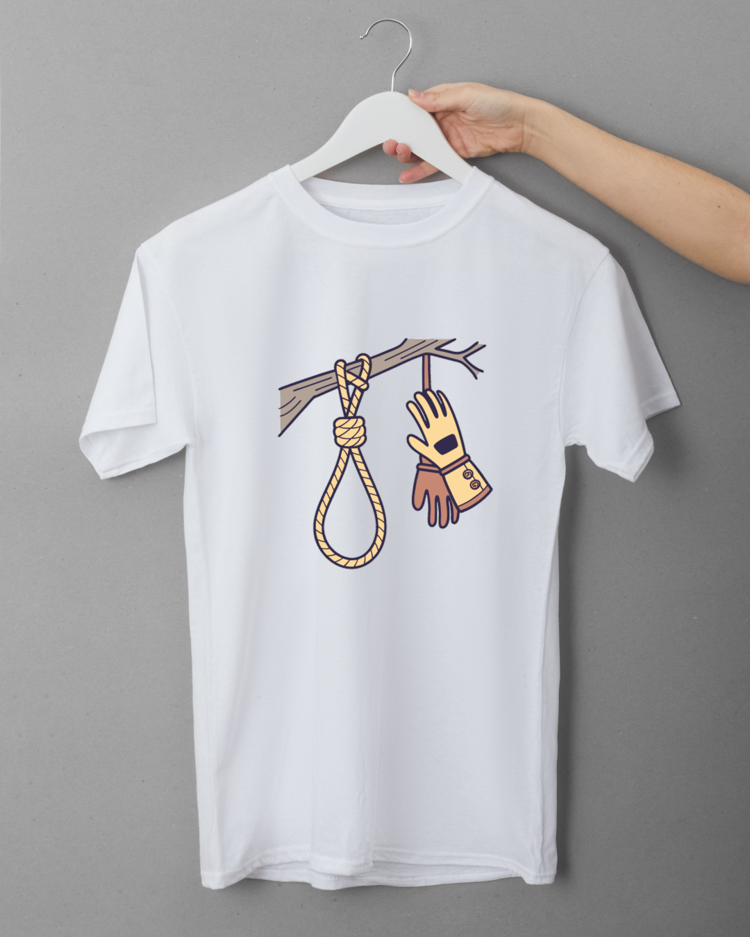 T-shirt graphique avec gant suspendu à une branche en style doodle nature