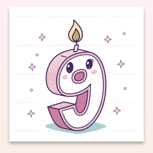 Illustration du chiffre 9 en style kawaii avec une bougie, idéale pour créations numériques.