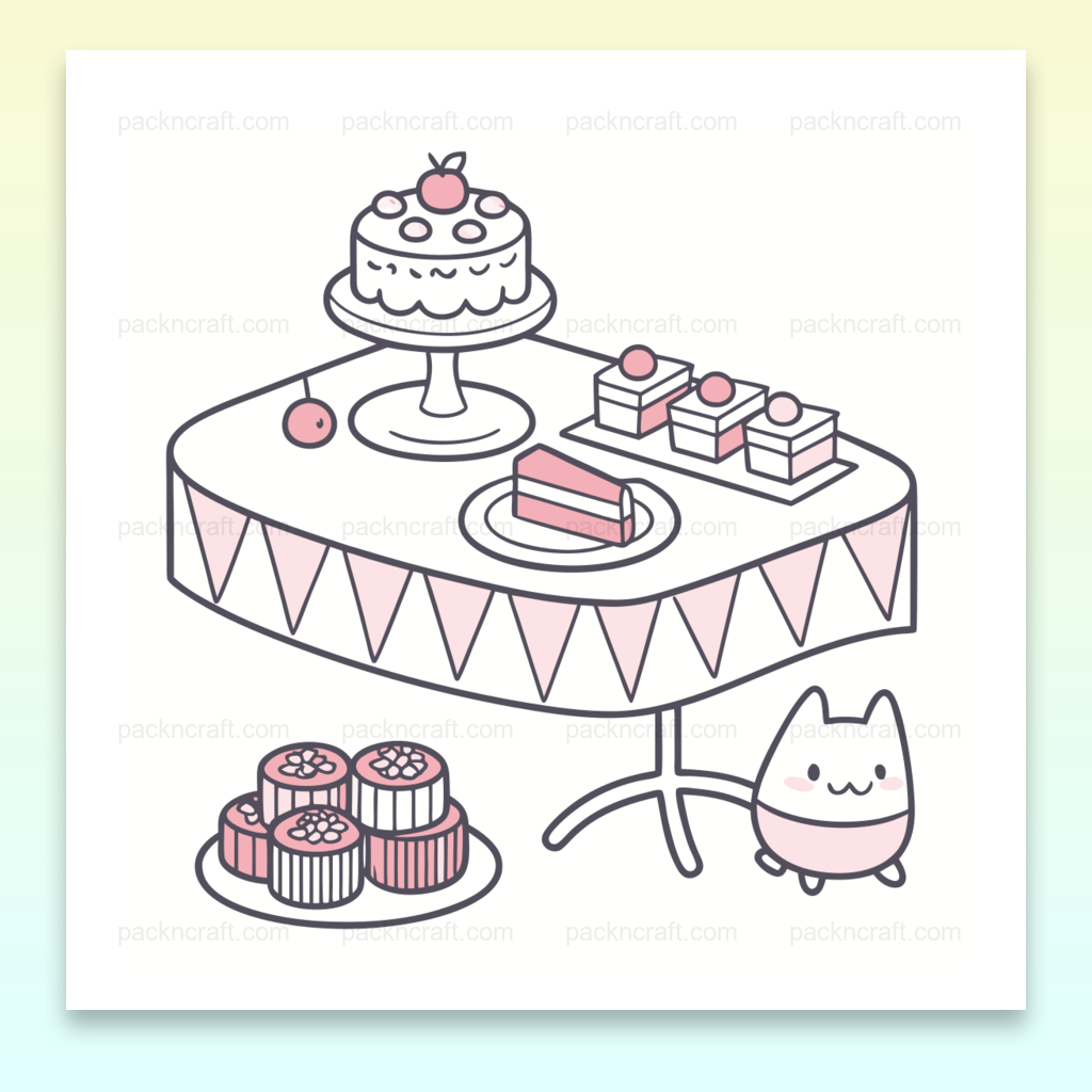 Illustration kawaii d'une table de fête avec gâteaux, idéal pour papeterie