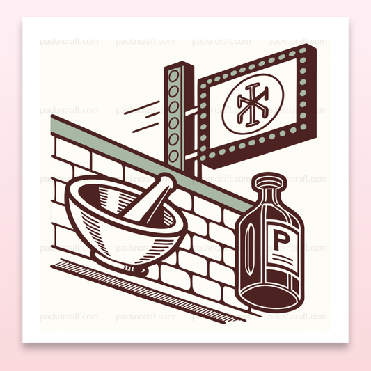 Design rétro de pharmacie pour projets de décoration vintage.