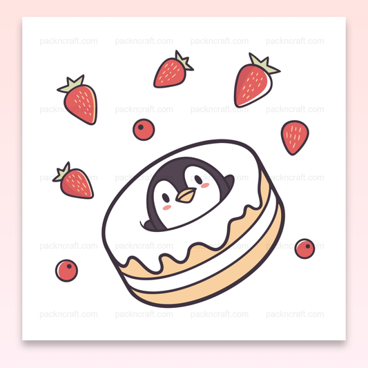 Pingouin dans un donut avec des fraises, illustration kawaii.