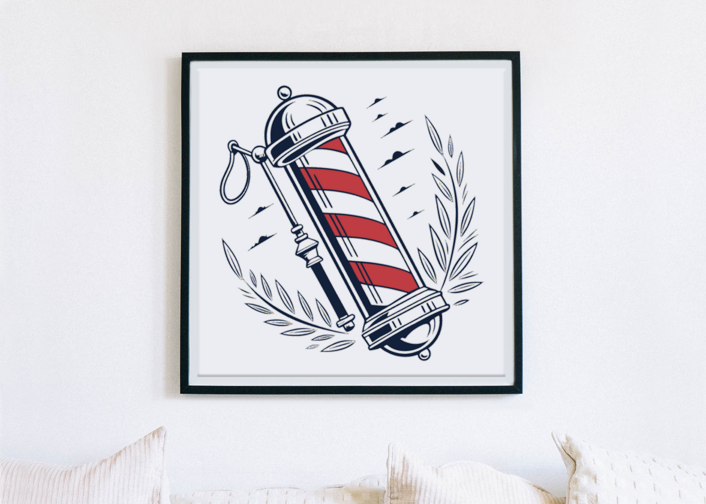 Cadre avec œuvre artistique de barbier rétro, ajoute une ambiance vintage.