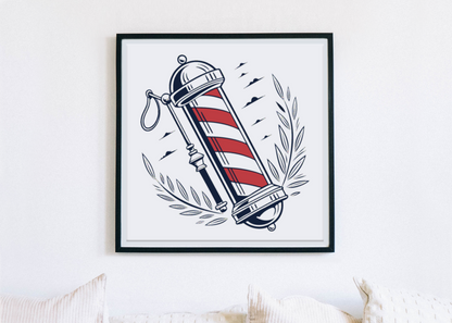 Cadre avec œuvre artistique de barbier rétro, ajoute une ambiance vintage.