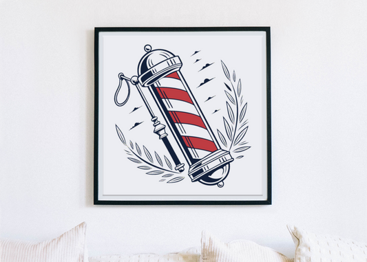 Cadre avec œuvre artistique de barbier rétro, ajoute une ambiance vintage.