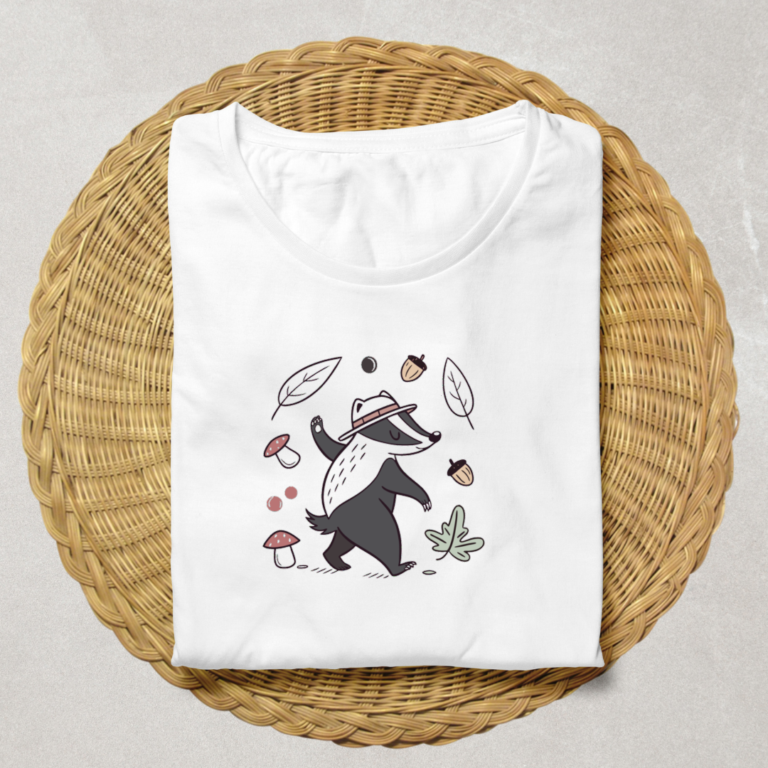 T-shirt tendance avec blaireau stylisé dansant, parfait pour un look nature dynamique