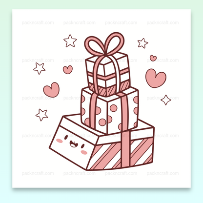 Illustration de cadeaux empilés kawaii avec cœurs et étoiles.