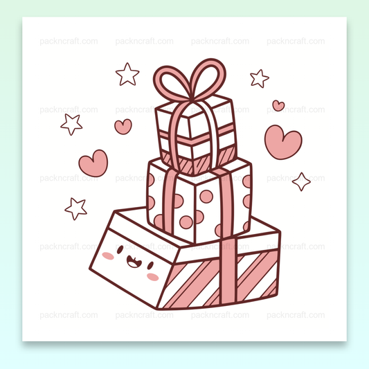 Illustration de cadeaux empilés kawaii avec cœurs et étoiles.
