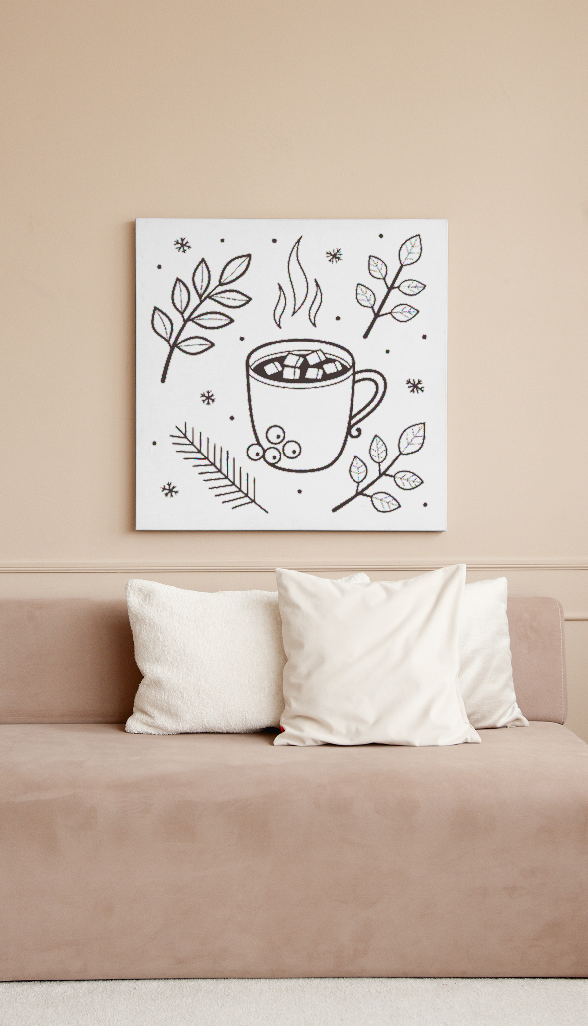 Cadre avec motif automnal en monochrome mettant en scène une tasse de chocolat fumant