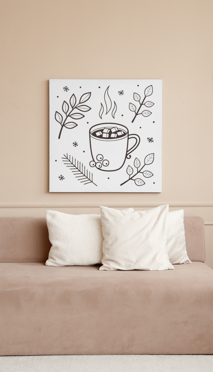 Cadre avec motif automnal en monochrome mettant en scène une tasse de chocolat fumant