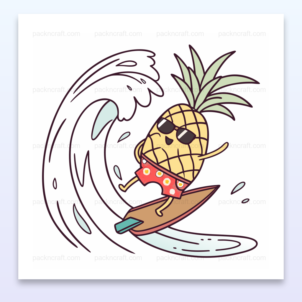 Illustration d'un ananas surfeur joyeux en style doodle, idéale pour projets créatifs et estivaux.