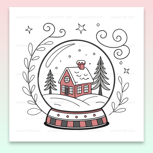 Illustration hivernale d'une maison enneigée dans un globe de neige, parfait pour décorations DIY.