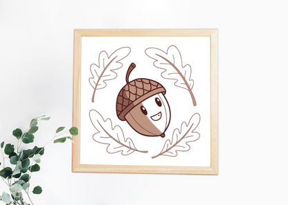 Cadre avec gland joyeux illustré en tons pastel, ambiance automnale, nature festive