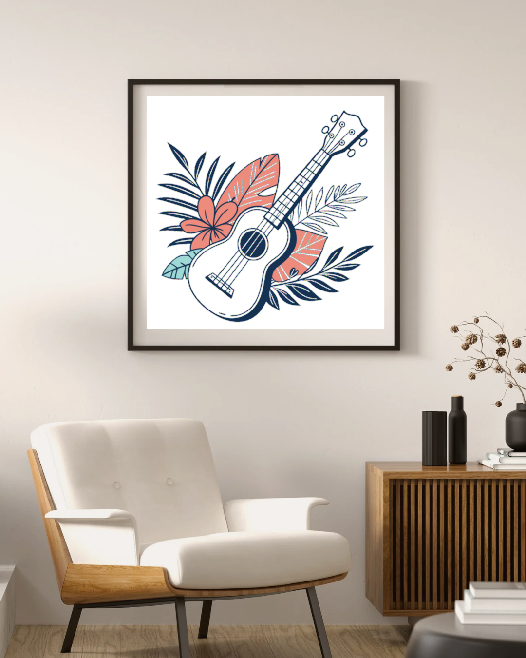 Cadre artistique avec ukulélé dans un style botanique tropical vectoriel
