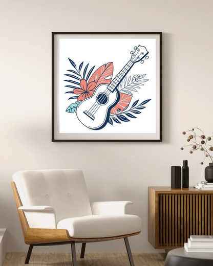 Cadre artistique avec ukulélé dans un style botanique tropical vectoriel