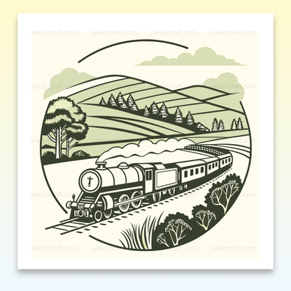 Illustration vintage de train dans un paysage rétro, idéal pour décoration.