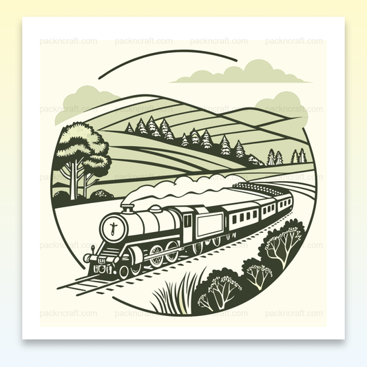Illustration vintage de train dans un paysage rétro, idéal pour décoration.
