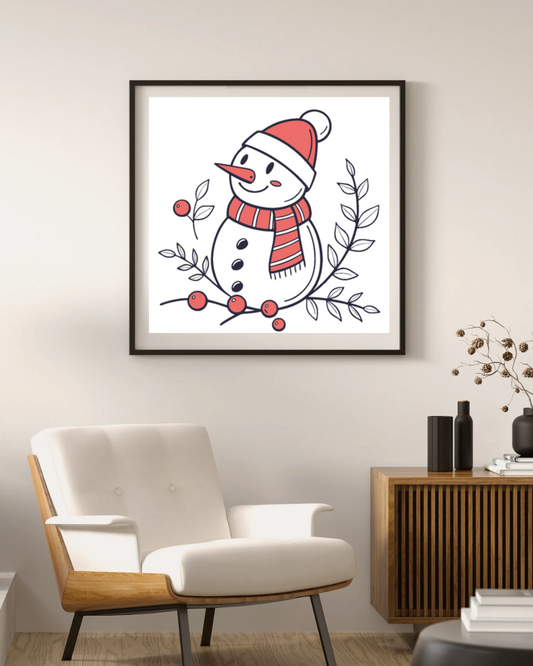 Cadre avec un bonhomme de neige joyeux dans un style festif, ambiance hivernale lumineuse