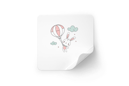 Sticker de lapin en montgolfière kawaii sur fond de ciel étoilé