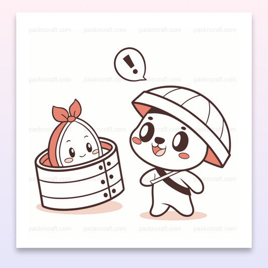 Panda curieux avec Dim Sum en style kawaii pour stickers et déco.