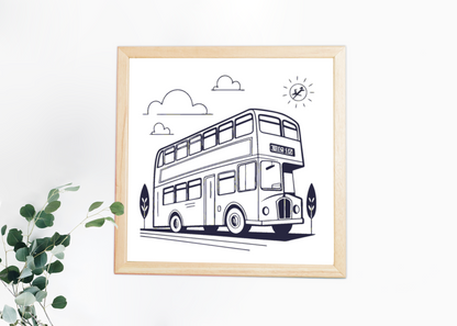 Cadre avec bus à impériale vintage monochrome pour passionnés de voyage rétro