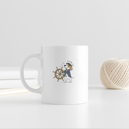 Mug avec chien cartoon capitaine à la barre scène nautique amusante