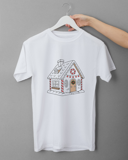 T-shirt festif avec maison en pain d'épices dans un style numérique doux pour Noël