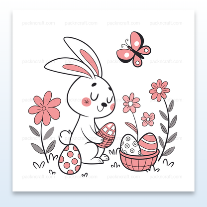 Illustration de lapin rêveur entouré d'œufs de Pâques et de fleurs, idéale pour projets printaniers.