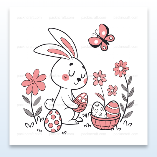 Illustration de lapin rêveur entouré d'œufs de Pâques et de fleurs, idéale pour projets printaniers.