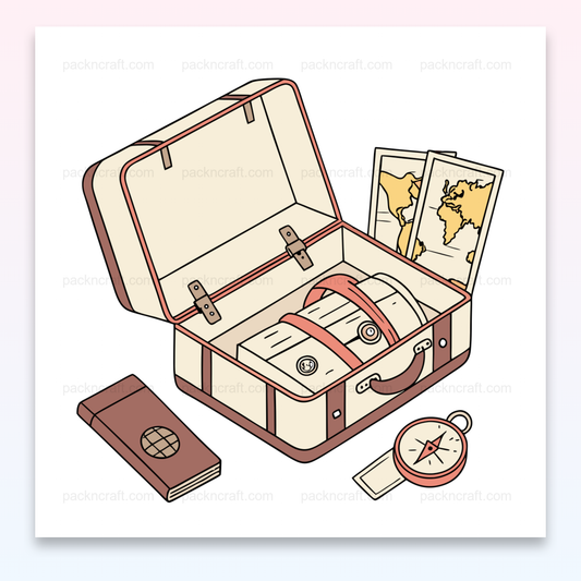 Illustration vectorielle de valise de voyage avec carte et boussole, parfaite pour projets DIY ou éducatifs.