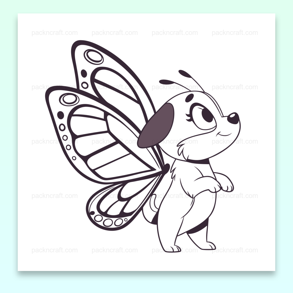 Illustration d'un chiot joyeux avec des ailes de papillon, utilisable pour stickers et projets DIY.