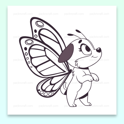 Illustration d'un chiot joyeux avec des ailes de papillon, utilisable pour stickers et projets DIY.