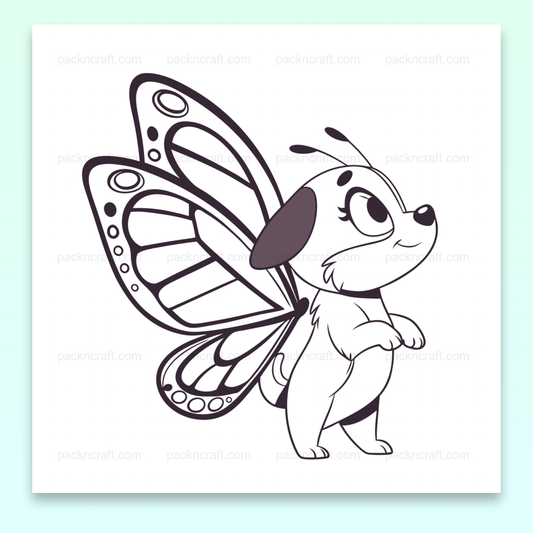 Illustration d'un chiot joyeux avec des ailes de papillon, utilisable pour stickers et projets DIY.