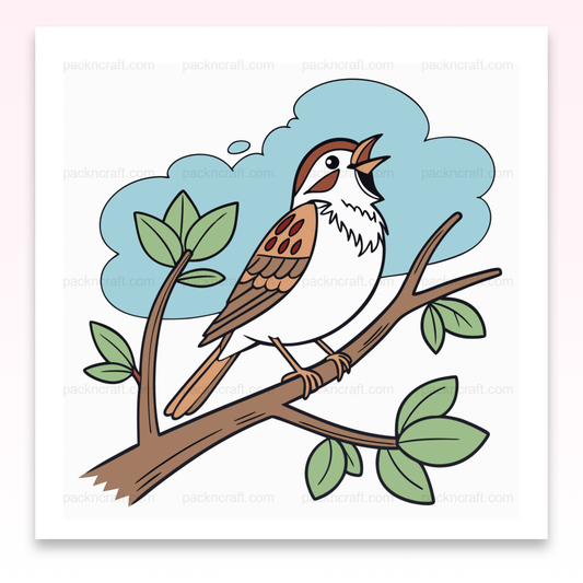 Illustration d'un moineau chantant sur une branche, idéale pour DIY et déco.