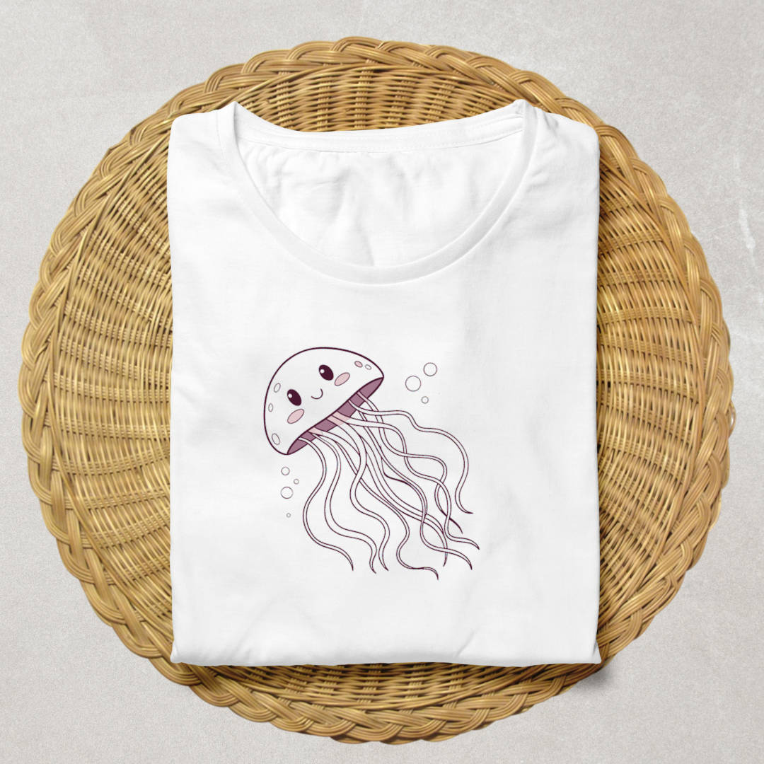 T-shirt pastel orné de méduses souriantes pour un style océanique vibrant