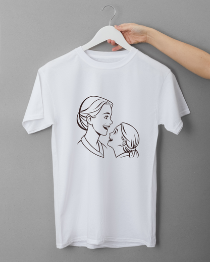 T-shirt avec dessin vectoriel détaillé de mère et fille créant une ambiance chaleureuse