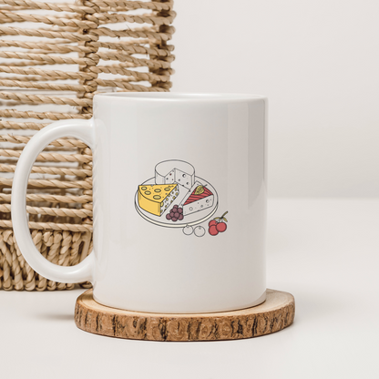 Mug décoré d'un motif gourmand de plateau de fromages en style doodle