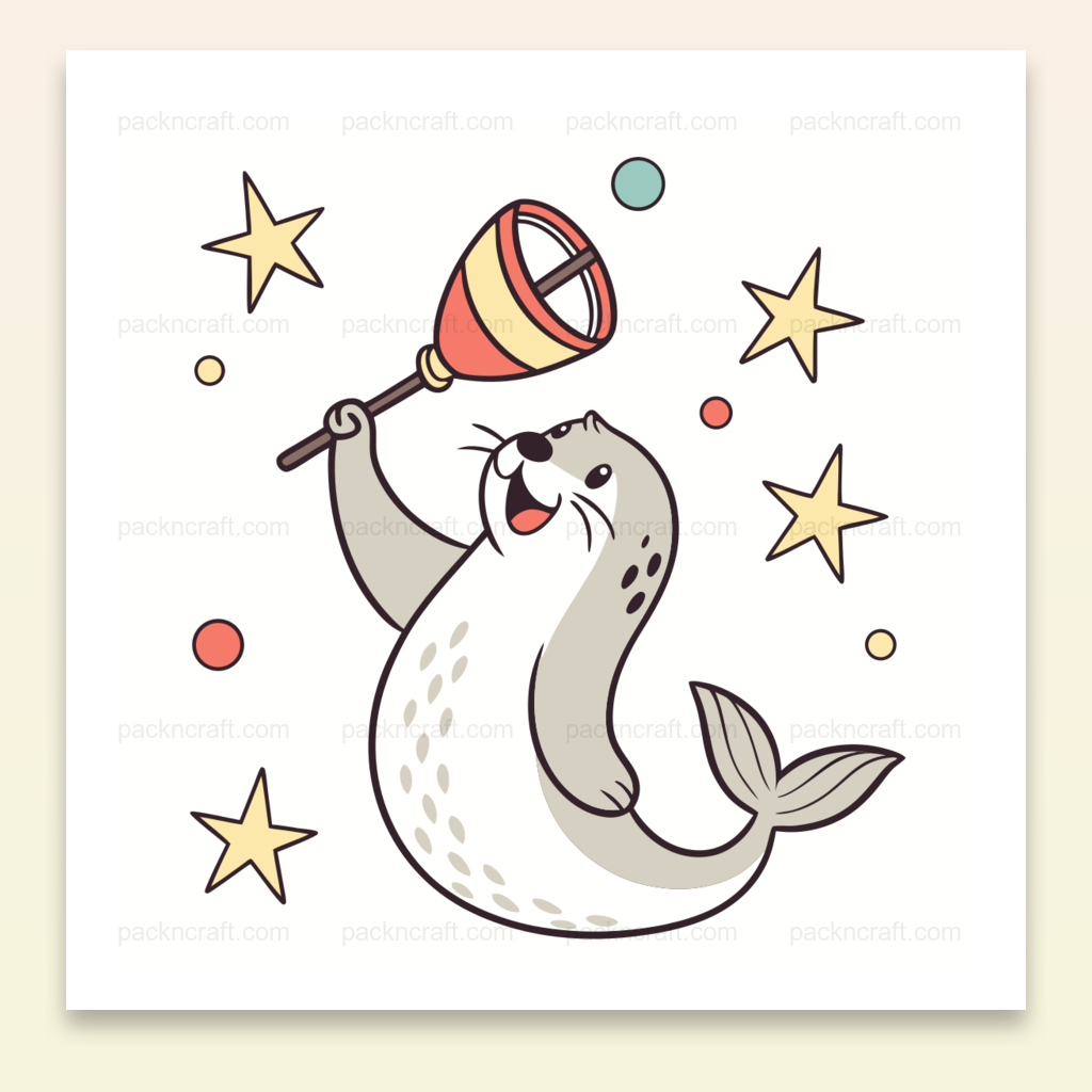 Illustration numérique de phoque joyeux avec cloche et étoiles, style cartoon.